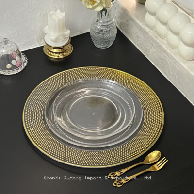 Decorative Wedding Dish Favor Round Clear Plastic Charger Plate With Gold Beads Rim photo-4