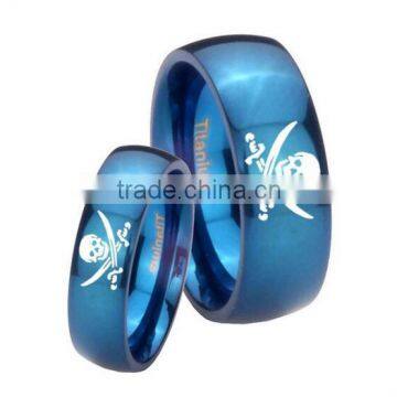 His And Hers 2 Pieces Titanium Skull Logo Blue Ip Dome Wedding Ring Set 6 & 8mm Size 4 To 13, Blue Skull Ring For Lover