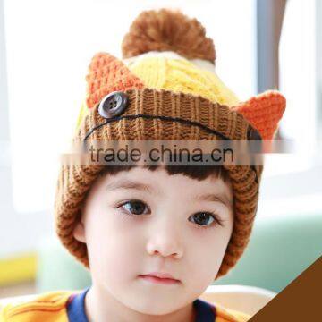 Hot Selling Fashion New Handmade Ears With Buttons Baby Kids Knitted Pom Pom Beanie Cap photo-4