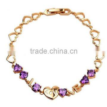 Fashion Jewelry Style Heart Shape Purple CZ Diamond Chain Bracelet