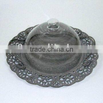 100066F-1-Anqtique Grey Metal and Glass Dome Holder