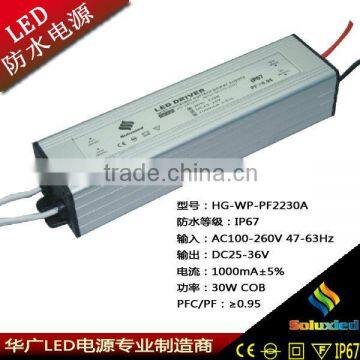 30W led driver waterproof IP67 PF>0.95 CE power supply for your lamp made in China