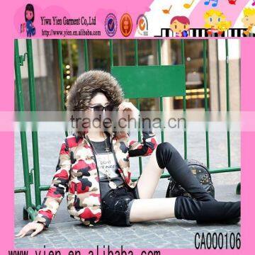 Fashion Hot Sale Camouflage Printed Fur Collar Coat Custom Made In China Casual Fur Coat Sex Winter Dress 2015