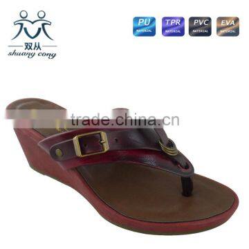 Newest Ladies PU Flip Flop High Heel Wedge Slipper Shoes With Metal Belt Wholesale