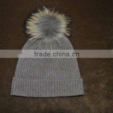 Woman Winter Cashmere Hat With Raccoon Fur Ball