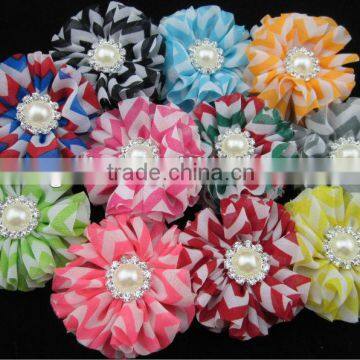 New 2.4" Chiffon Chevron Baby Hair Flowers with Pearl Stone in Center Children Hair AccessoriesIN STOCK