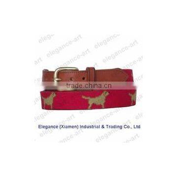 Custom animal leather stamps needlepoint belt with tanned leather hide