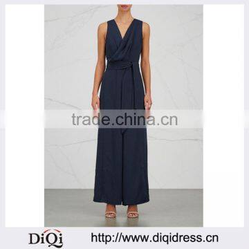 Wholasale Women Apparel Sleeveless V-neck Waist Tie Navy Crepe Jumpsuit(DQE0127J)