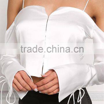 MGOO Manufacturer Custom Soft Satin Blouses Young Girl Sexy Crop Tops Off White Cold Shoulder Shirts photo-4