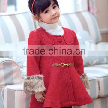 hot sale winter woolen dress coat fur collar for kids girls wear