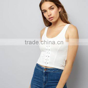 Wide Shoulder Straps Lace up Ribbed Cropped Tank Womens Black Vest Tops photo-2