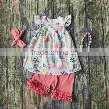 Summer baby girls clothes coral ocean world fish under the sea boutique shorts cotton kids wear ruffles match accessories