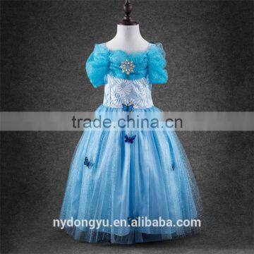 mesh blue princess dress/kuyin g girl flower lace printed princess dress/new design girl holiday fashion dress