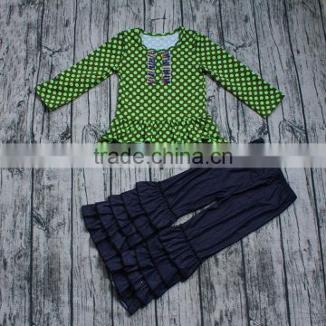 High quality yawoo wholesale long sleeve fall outfits boutiques ruffle denim long pants polka dots green t-shirt 2pcs clothing