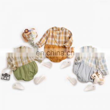 Baby jumpsuit spring and autumn male baby clothes plaid long-sleeved romper Korean newborn clothing ins full moon clothing