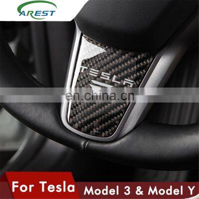 Carest Carbon Fiber Steering Wheel Cover For Tesla Model 3 Y Accessories Interior Decoration Protector Patch Three Car Stickers