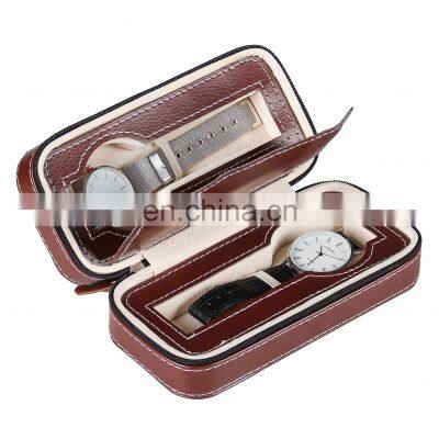 Custom Portable Brown Two Piece Watch PU Leather Zipper Bag Pocket Watch Box photo-2
