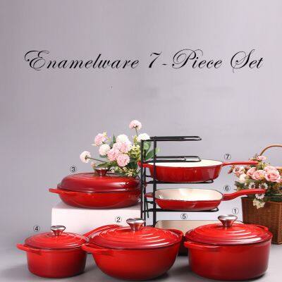 7 Piece Cast Iron Enameled Cookware Set - Red, RDO, Braiser, Skillet, Square Skillet Grill & Rect. Roaster) photo-2