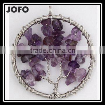 Elegant Tree Of Life Flower Silver Tone Amethyst Stone Wire Wrapped Charm Pendant SCC0328