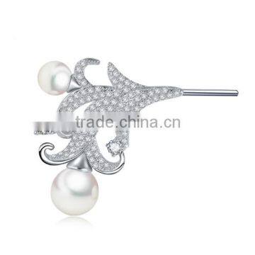 Patinum Plated Elegant Luxury Fallen Pearl Leaf Brooch With AAA+ Cubic Zircon Micro Pave Setting for Women and Men in 4 Colors