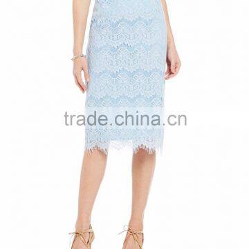 Allover Lace Scalloped Fashion Pencil Lace Blouse and Skirt