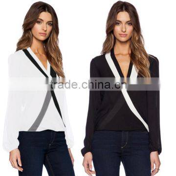 Women Casual Color Contrast Chiffon Deep V Neck Long Sleeve Blouse Top OEM ODM Type Clothing Factory Manufacturer From Guangzhou