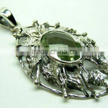 Green Amethyst Oval Oxidised Facet Pendant, 925 Solid Sterling Silver Pendants, Designer Bezel Casting Pendant