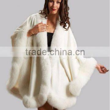 New Fashion Large Size Women White Cashmere Cape with Big Fox Fur Trim