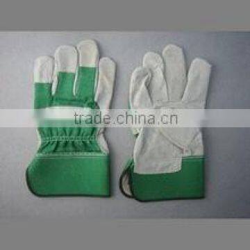 Cow Split Leather Palm Green Drill Cotton Back Work Glove