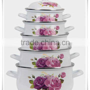 2014 Best Quality Durable Enamel Cookware Set Kitchenware Two Side Elegant Flower Decal Enamel Pot 5 Pcs Set