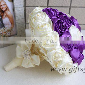 Elegant Purple Satin Ribbon Pearls Bridal Bouquet Bridesmaids Bouquet Wedding Flowers photo-4