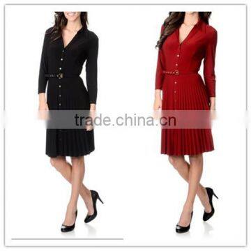 Women long sleeve Knee-Length V neck button front with belt office lady wear style Pleated shirt dress