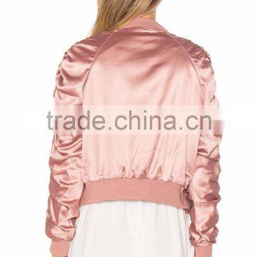 2017 Customize Pleat Pilot Jacket Ribbed Knit Trim Zipper Up 100% Polyester Baseball Jacket With Private Label photo-3