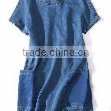 Newest popular ladies denim dress round neck short sleeves denim skirt pattern