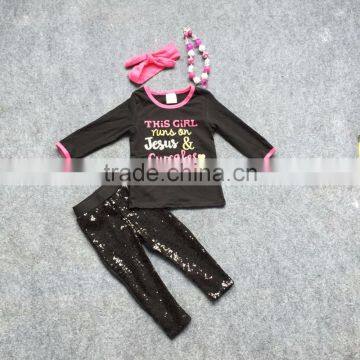 2016 new Spring design "Jesus&Cupcake" girls outfits black sequins pants kids clothing suit with matching accessories