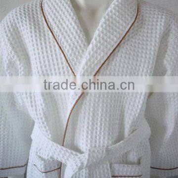 thin short cotton waffle hotel bathrobe with piping