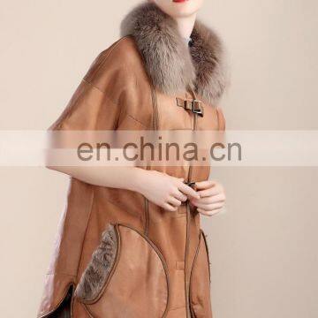 Fashion Design Fox Fur Collar Sheep Fur And Skin Jacket Short Sleeves Fur Coat Trend Winter Fur Dress