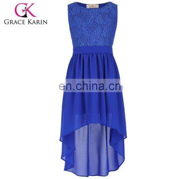 Grace Karin Children Kids Sleeveless Crew Neck High-Low Blue Lace Chiffon Girls Dress 2-12 Years Old CL008976-3