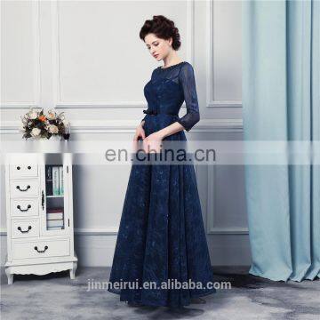 Navy Blue Long Bridesmaid Dresses High Quality Lace Floor Length 3/4 Long Sleeves Sheer Illussion Corset Brides Maid Vestidos De photo-2