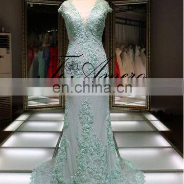 1A472 Sexu Backless Deep V-neck Mermaid Train Lace Eveing Dress