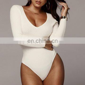 Wholesale women long sleeve Deep V neck ribbed cotton bodysuit jumpsuits for lady