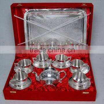 Silver Plated Engraved Brass Tea Coffee Cups & Plated Set Of Four Piece With Serving Tray photo-6