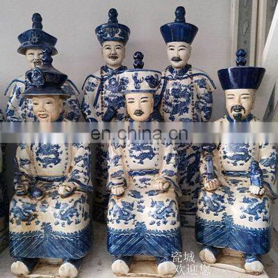 Vintage Antique Style Blue and White Porcelain Three Sitting Emperors Ceramic Figurines Sculptures Statues photo-4