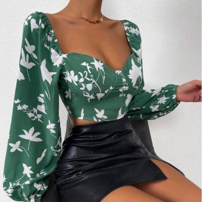 Floral Print Women Long Sleeve Crop Blouse