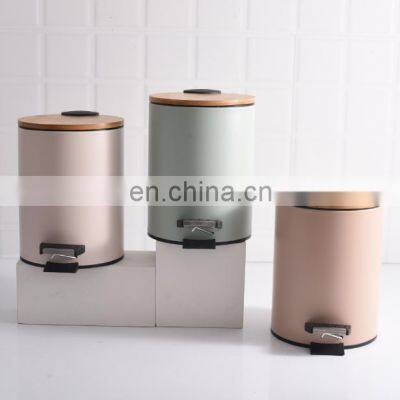 Metal waste bin stainless steel pedal trash bin with bamboo lid