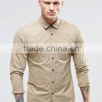 2016 Autumn Long Sleeves Beige Mens Skinny Western Shirt with Front Pockets
