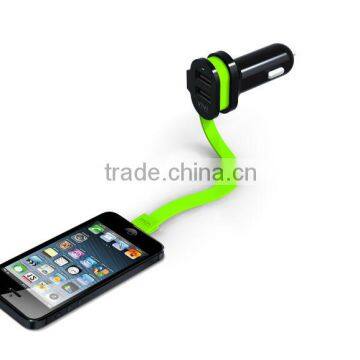 for mobile phone, tablet Dual Usb Car Charger with built-in lightning cable and 3.4A output