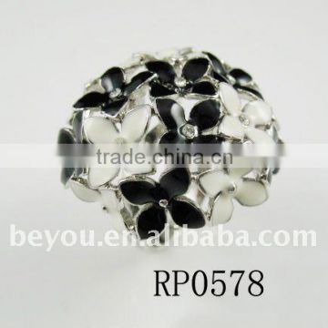 Rhodium Black/White Enamel Adjustable Flower Ring