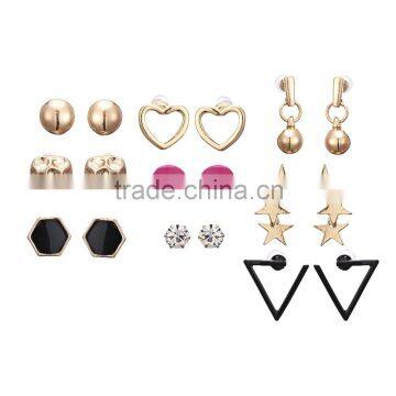 Women Fashion Jewelry Hollow Out Heart Shaped Triangle Geo Star Enamel Pink Black Stud Earring Set In Gold Plating Wholesale