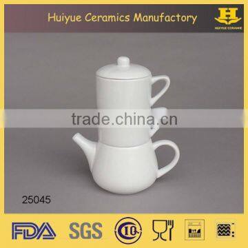 Ceramic tea set for two person, white tea pot and two cups, porcelain teaset